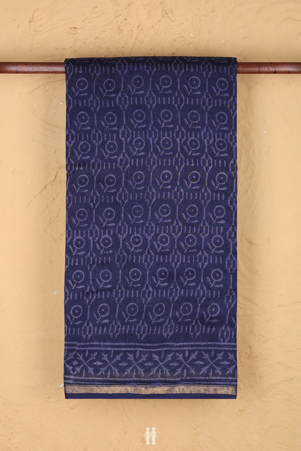 Chanderi Cotton Saree In Navy Blue With Printed Design