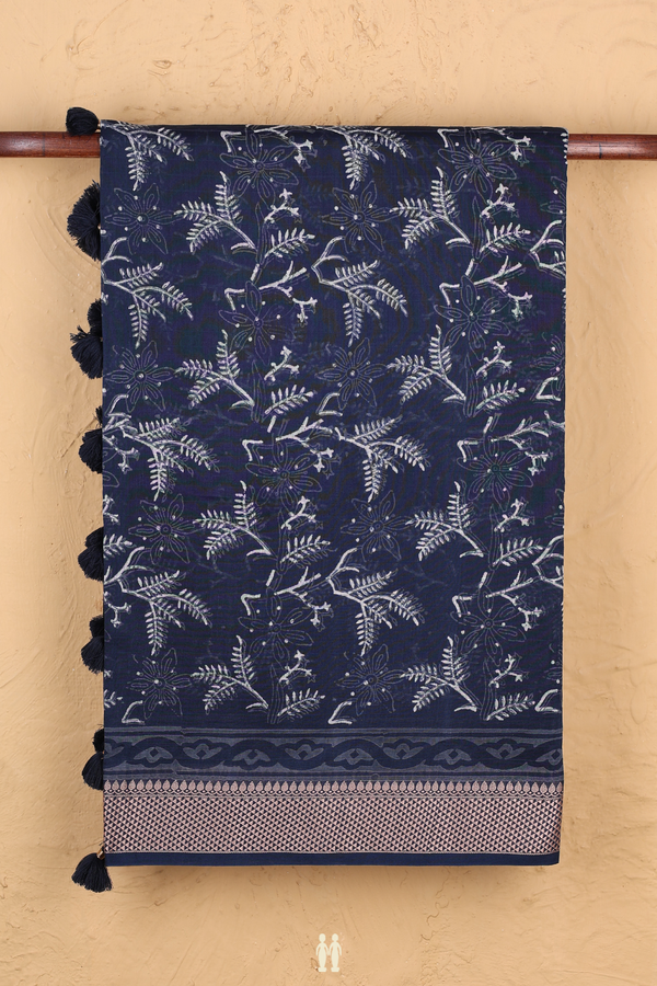 Chanderi Cotton Saree In Navy Blue With Printed Design