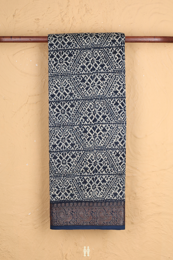 Chanderi Cotton Saree In Oxford Blue With Printed Design
