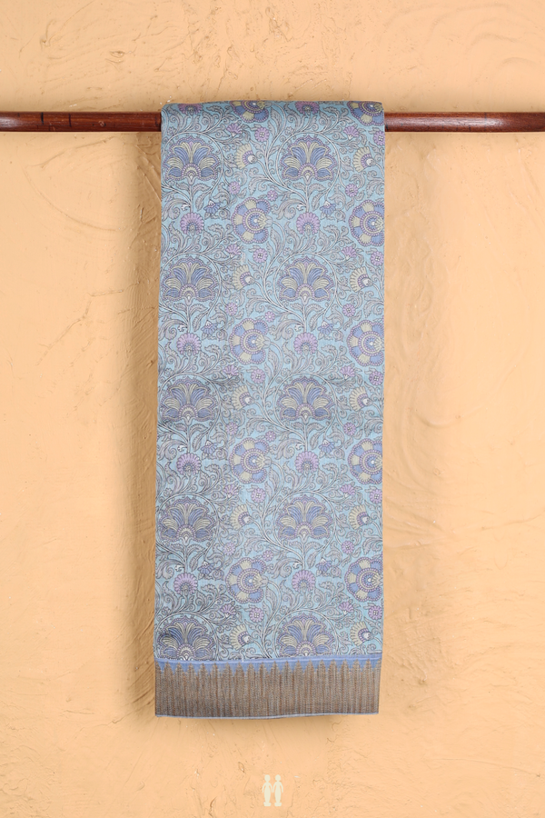 Chanderi Cotton Saree In Pastel Blue With Floral Design