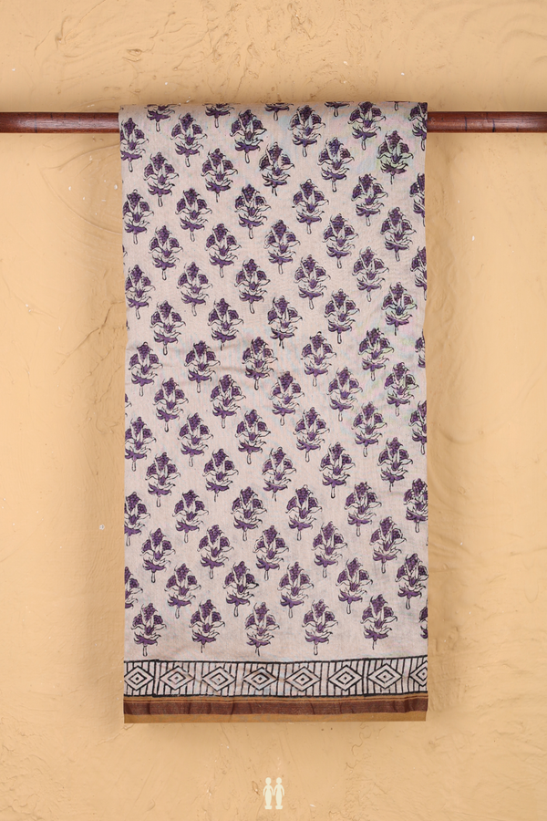 Chanderi Cotton Saree In Pale Brown With Floral Design
