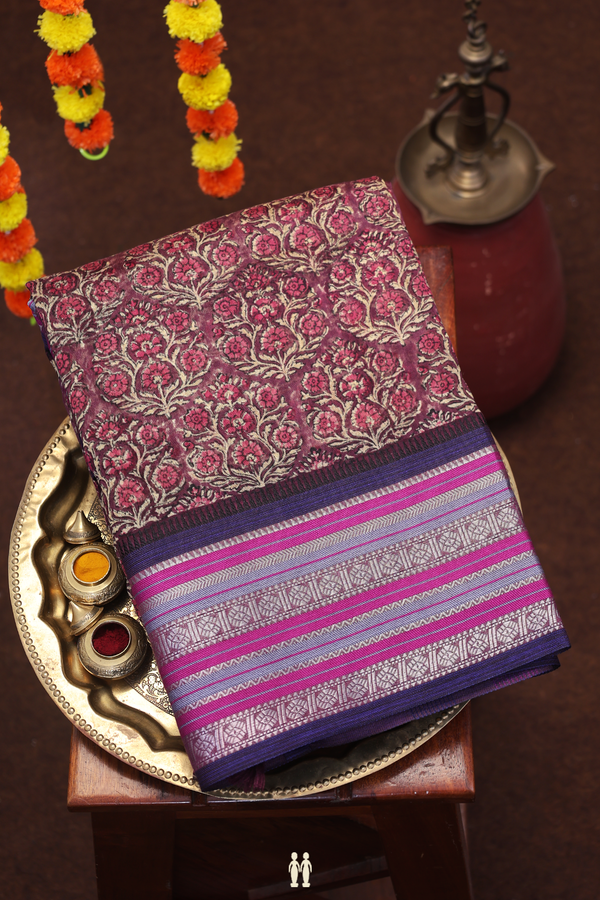 Chanderi Cotton Saree In Plum Brown With Floral Design