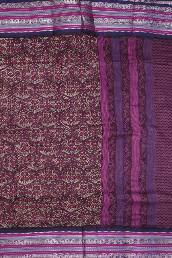 Chanderi Cotton Saree In Plum Brown With Floral Design