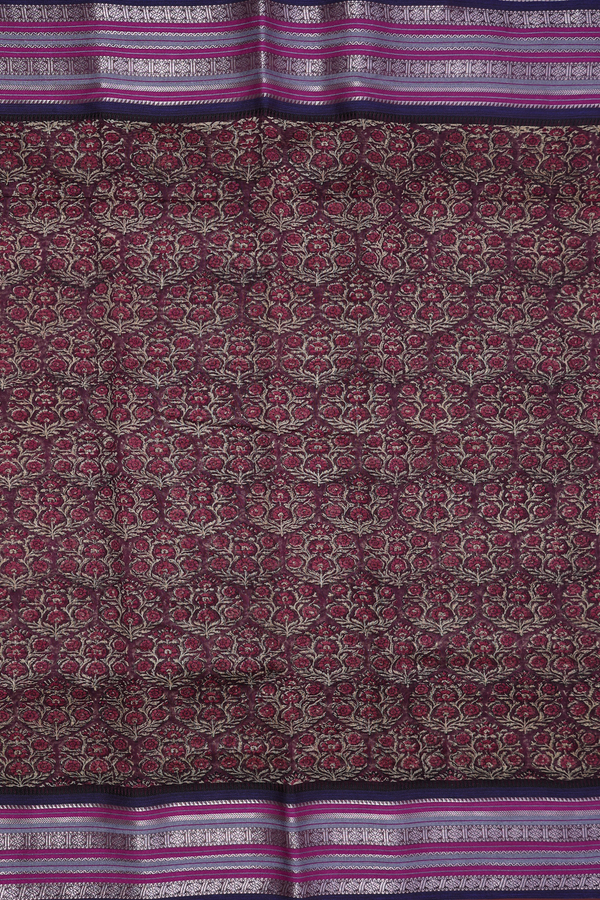 Chanderi Cotton Saree In Plum Brown With Floral Design