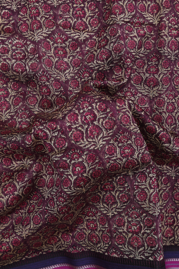 Chanderi Cotton Saree In Plum Brown With Floral Design