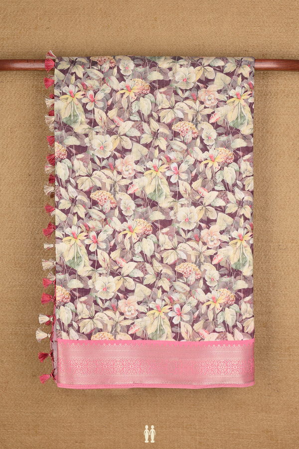 Chanderi Cotton Saree In Plum Brown With Floral Printed