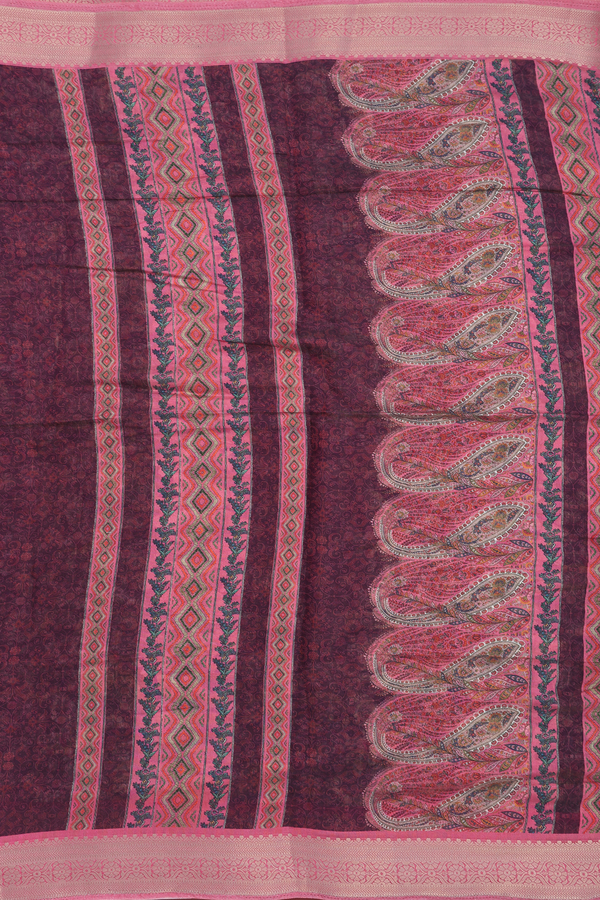 Chanderi Cotton Saree In Plum Brown With Floral Printed