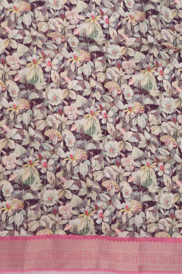 Chanderi Cotton Saree In Plum Brown With Floral Printed