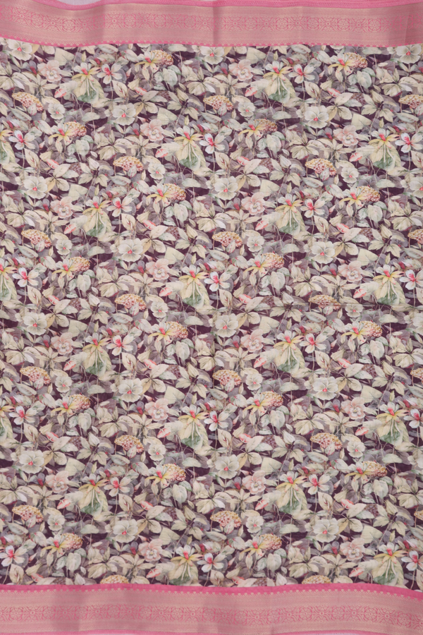 Chanderi Cotton Saree In Plum Brown With Floral Printed