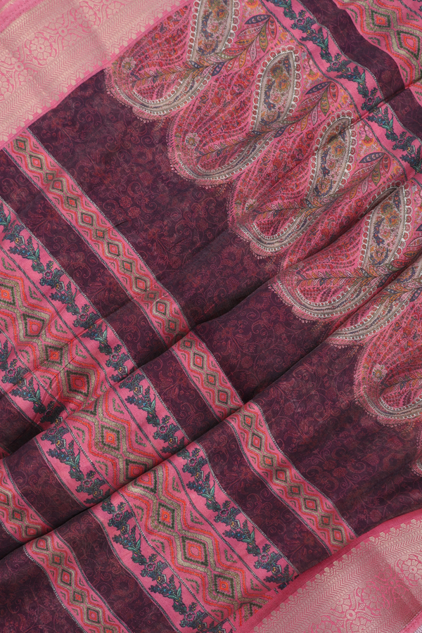 Chanderi Cotton Saree In Plum Brown With Floral Printed