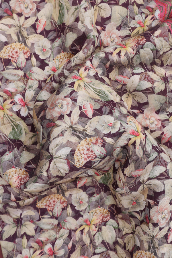 Chanderi Cotton Saree In Plum Brown With Floral Printed