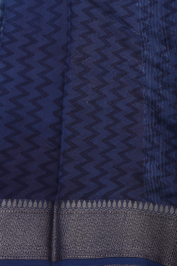 Chanderi Cotton Saree In Prussian Blue With Stripes Design