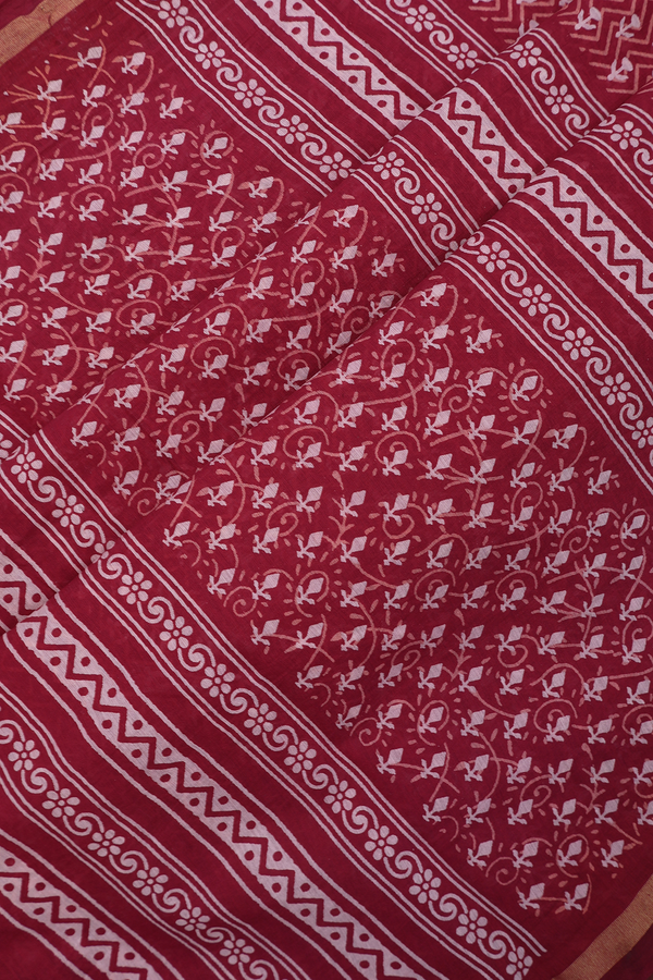 Chanderi Cotton Saree In Rust Red With Printed Design