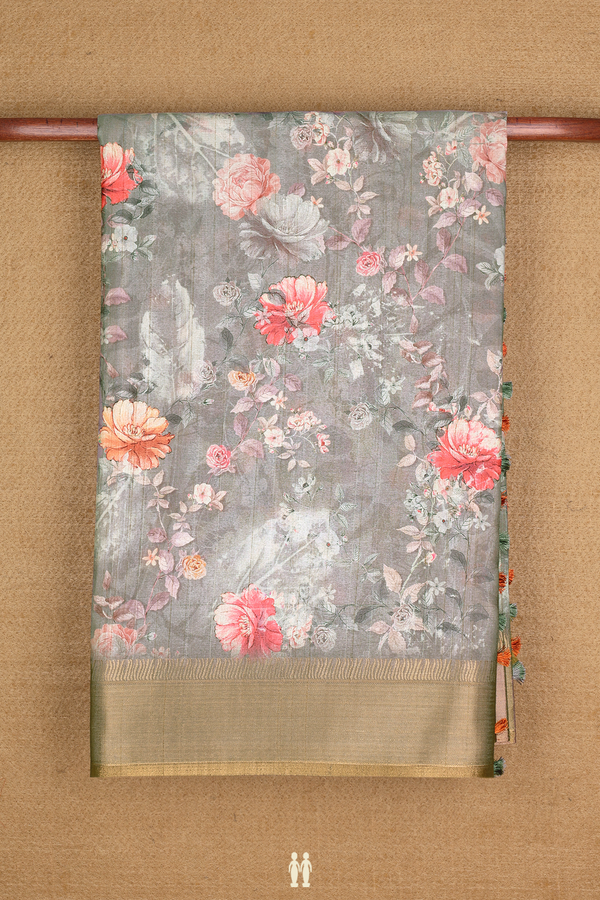 Chanderi Cotton Saree In Sage Green With Floral Design