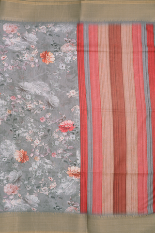 Chanderi Cotton Saree In Sage Green With Floral Design