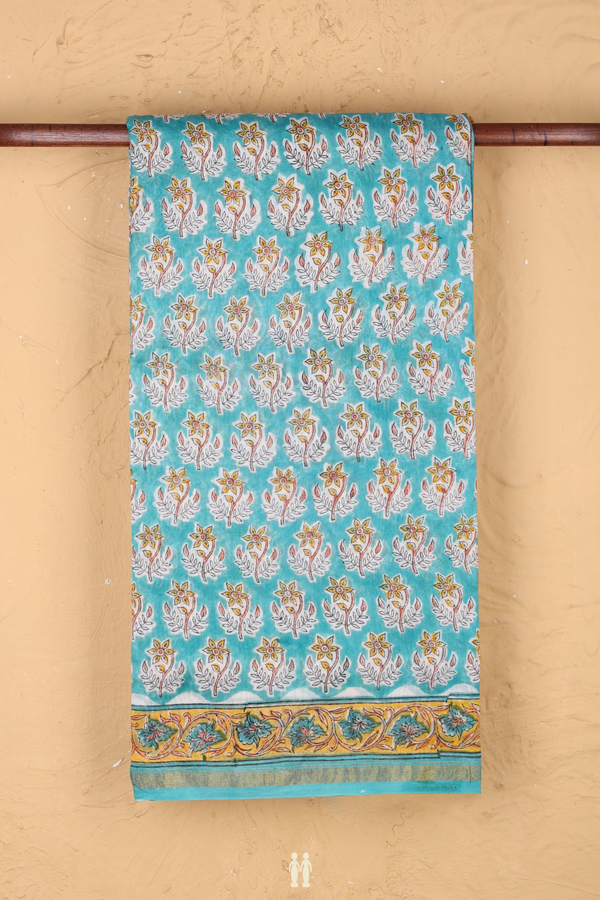 Chanderi Cotton Saree In Sea Green With Floral Design