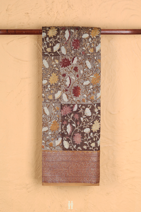 Chanderi Cotton Saree In Shades Of Brown With Floral Design