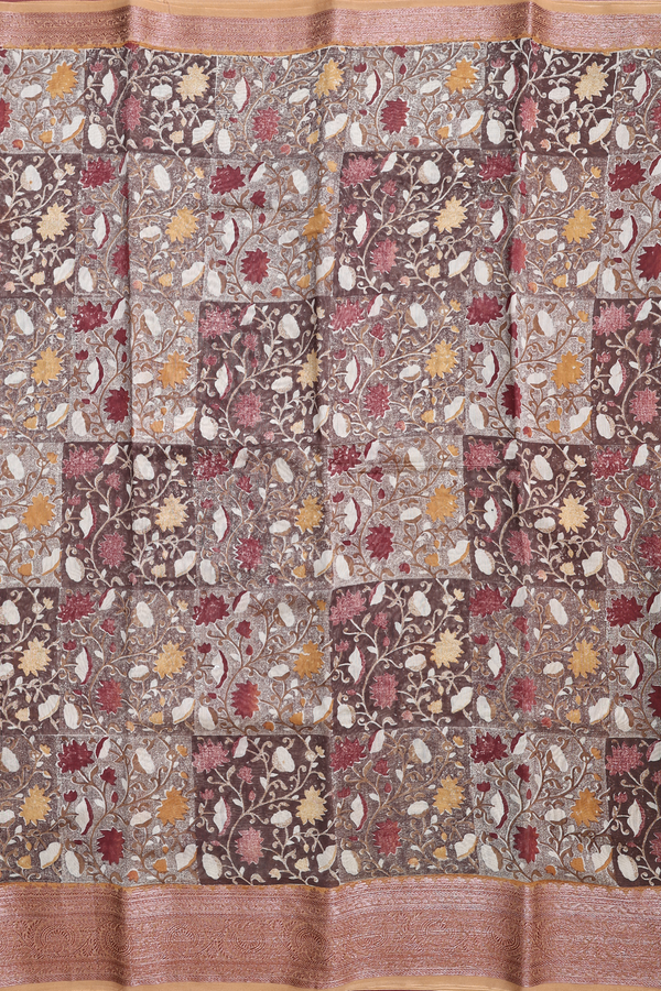 Chanderi Cotton Saree In Shades Of Brown With Floral Design