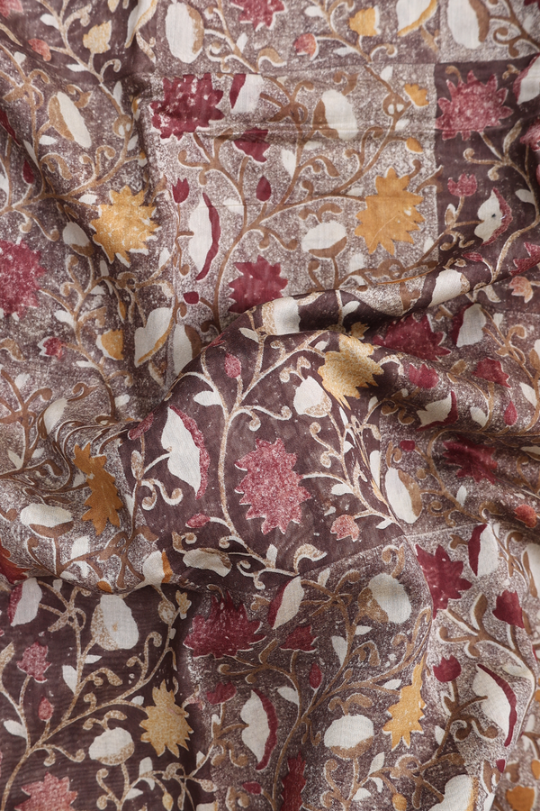 Chanderi Cotton Saree In Shades Of Brown With Floral Design
