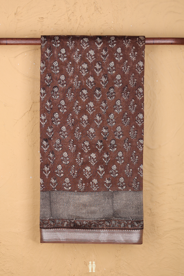 Chanderi Cotton Saree In Walnut Brown With Floral Design
