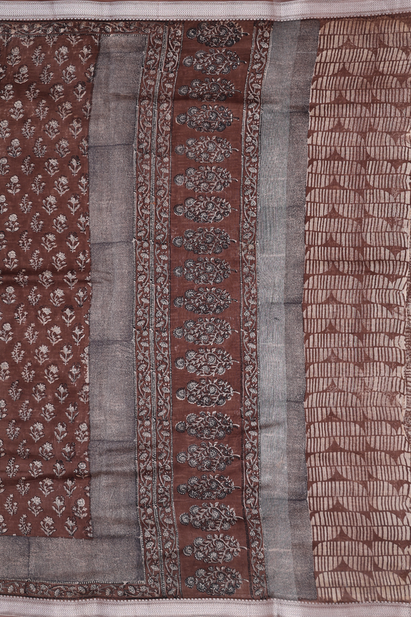 Chanderi Cotton Saree In Walnut Brown With Floral Design