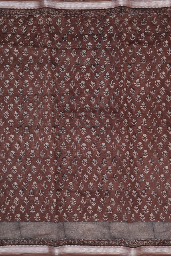 Chanderi Cotton Saree In Walnut Brown With Floral Design