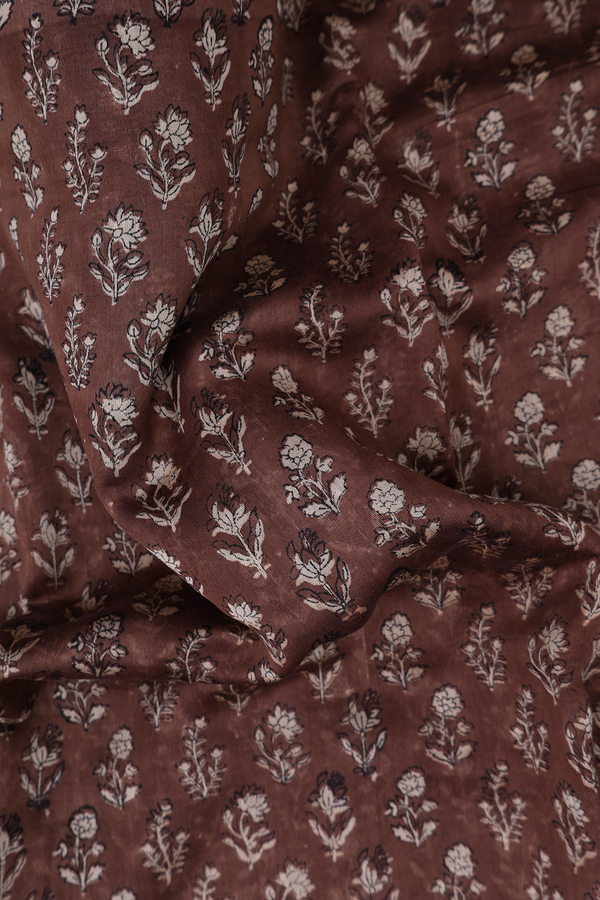 Chanderi Cotton Saree In Walnut Brown With Floral Design