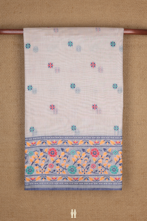 Chanderi Cotton Saree In White With Floral Threadwork Buttas