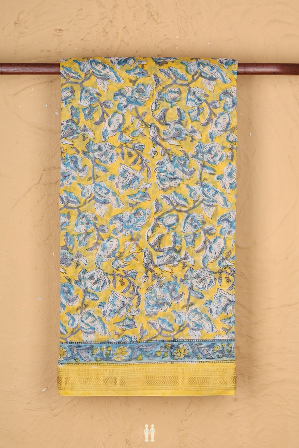 Chanderi Cotton Saree In Yellow With Floral Design