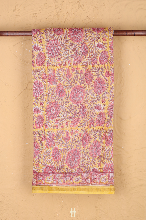 Chanderi Cotton Saree In Yellow With Floral Design