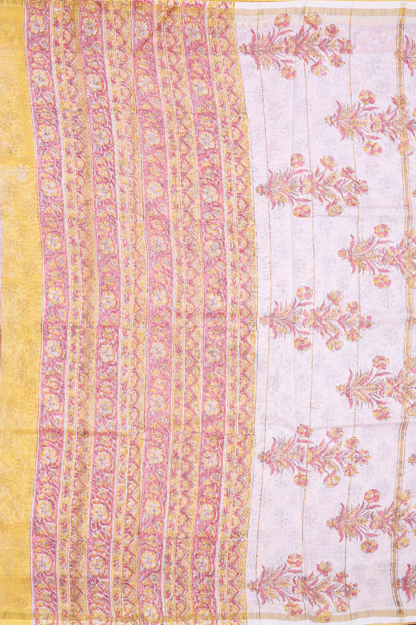 Chanderi Cotton Saree In Yellow With Floral Design