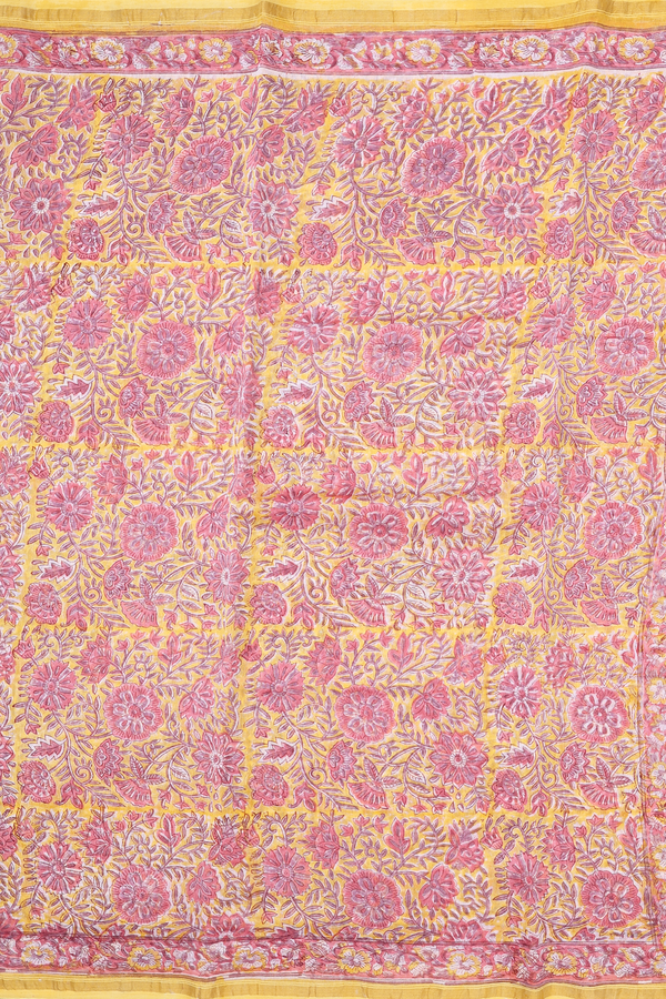 Chanderi Cotton Saree In Yellow With Floral Design