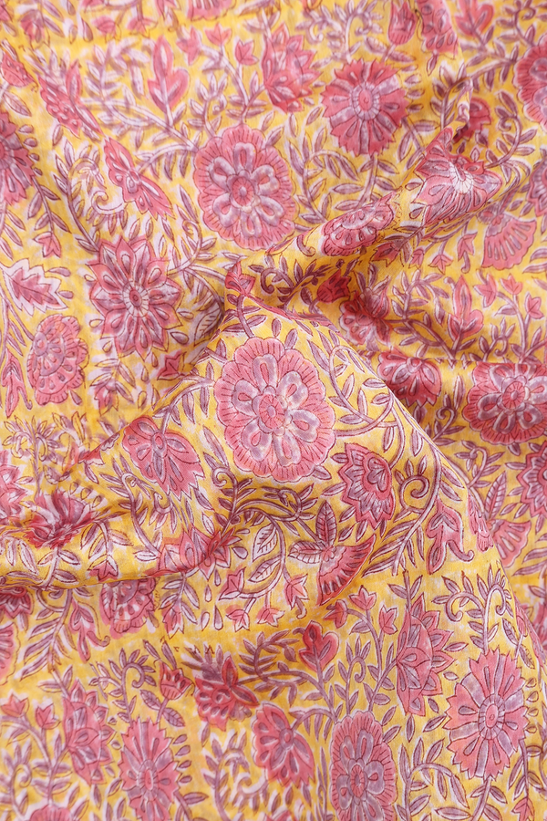 Chanderi Cotton Saree In Yellow With Floral Design
