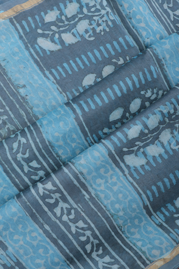 Chanderi Silk Cotton Saree Blue And Grey With Checks Design