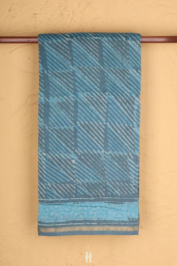 Chanderi Silk Cotton Saree Blue And Grey With Checks Design