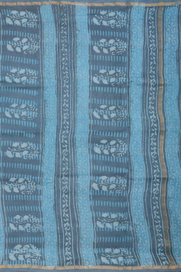 Chanderi Silk Cotton Saree Blue And Grey With Checks Design