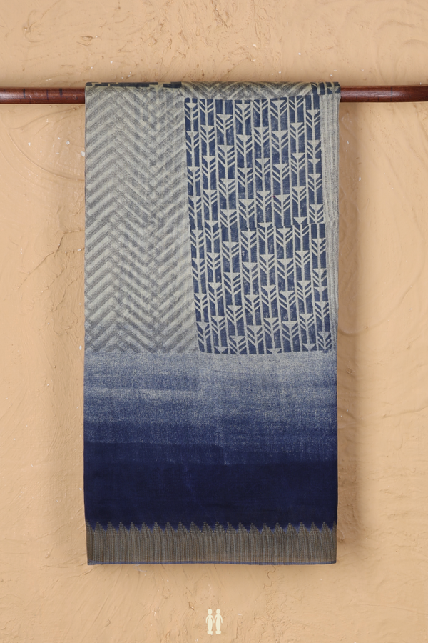 Chanderi Silk Cotton Saree Blue And Grey With Chevron Design