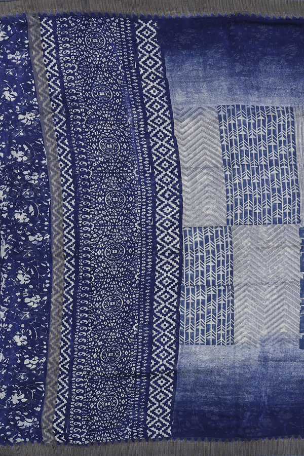Chanderi Silk Cotton Saree Blue And Grey With Chevron Design