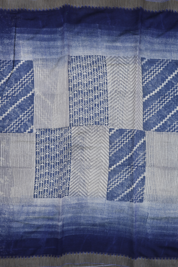 Chanderi Silk Cotton Saree Blue And Grey With Chevron Design