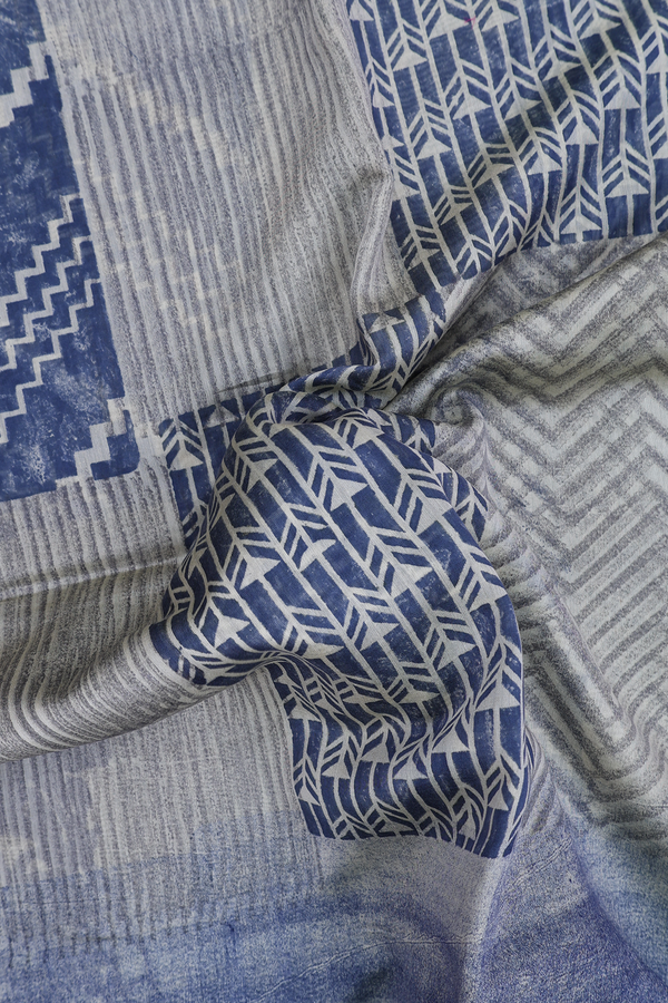 Chanderi Silk Cotton Saree Blue And Grey With Chevron Design