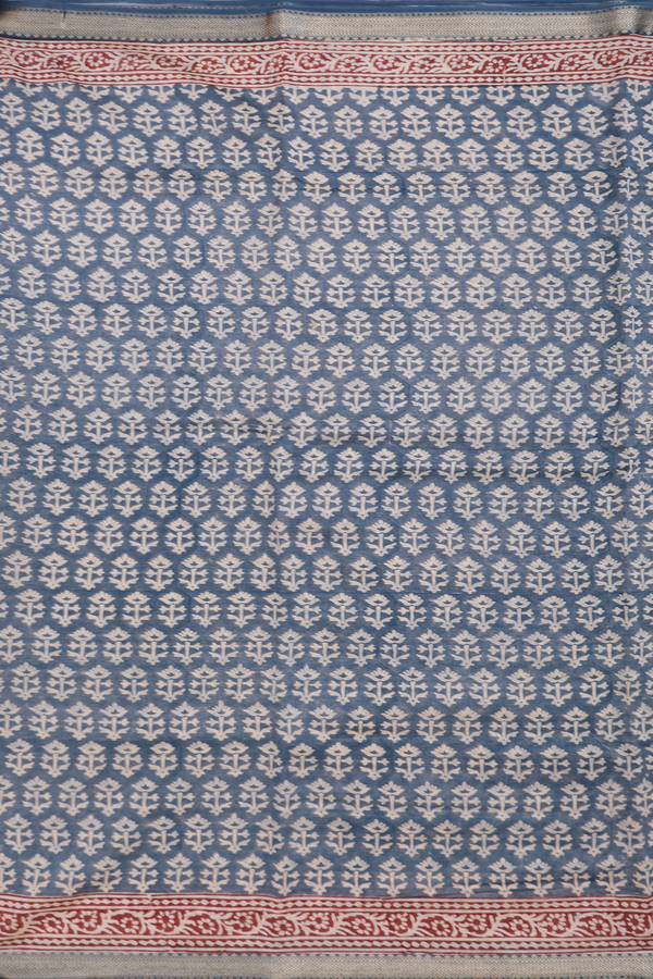 Chanderi Silk Cotton Saree In Aegean Blue With Floral Buttas