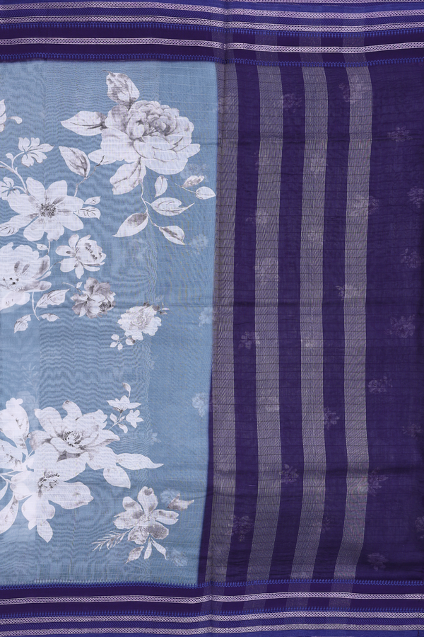 Chanderi Silk Cotton Saree In Aegean Blue With Floral Design