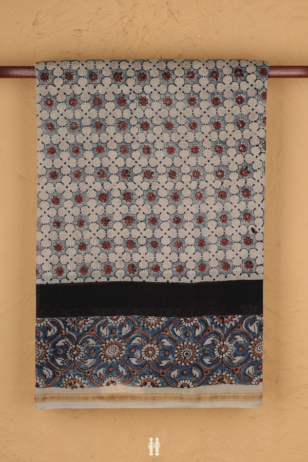 Chanderi Silk Cotton Saree In Beige With Ajrakh Printed