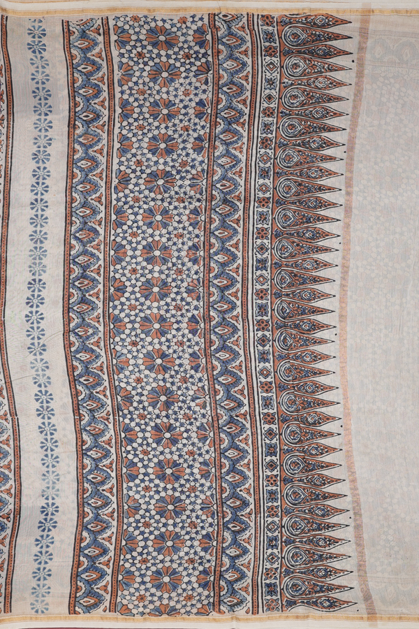Chanderi Silk Cotton Saree In Beige With Ajrakh Printed
