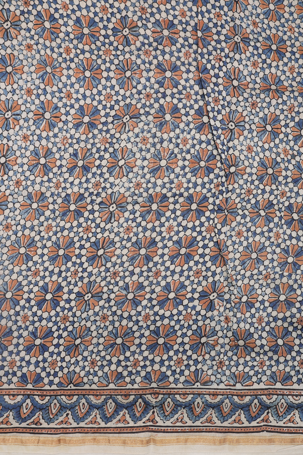 Chanderi Silk Cotton Saree In Beige With Ajrakh Printed