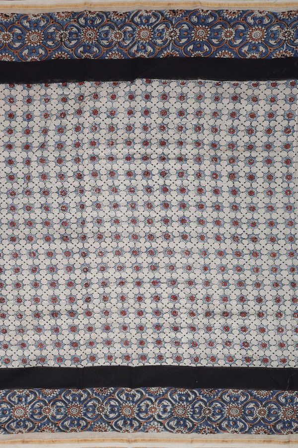 Chanderi Silk Cotton Saree In Beige With Ajrakh Printed