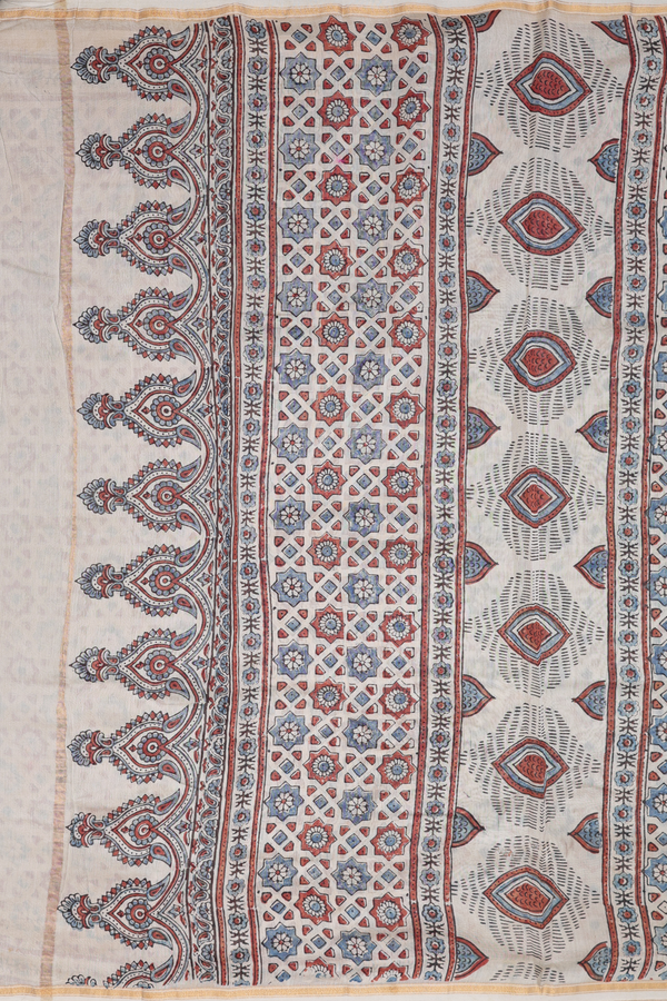 Chanderi Silk Cotton Saree In Beige With Ajrakh Printed Design