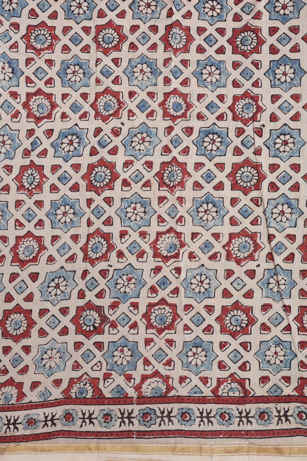 Chanderi Silk Cotton Saree In Beige With Ajrakh Printed Design