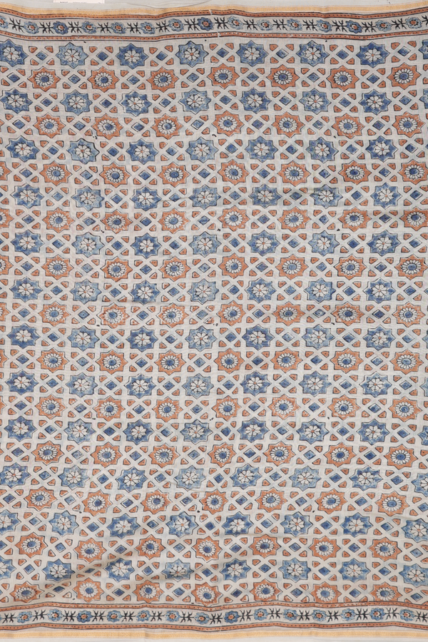 Chanderi Silk Cotton Saree In Beige With Ajrakh Printed Design