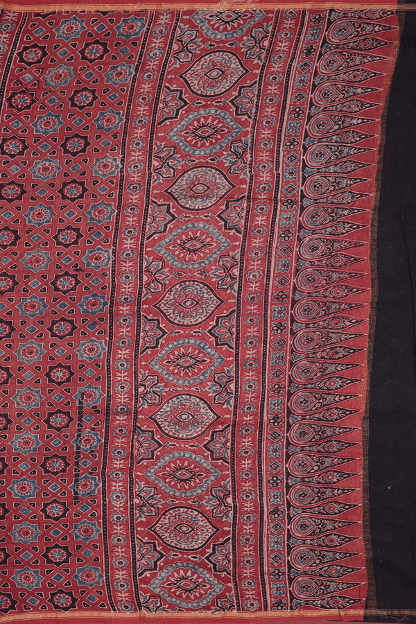 Chanderi Silk Cotton Saree In Black With Ajrakh Printed